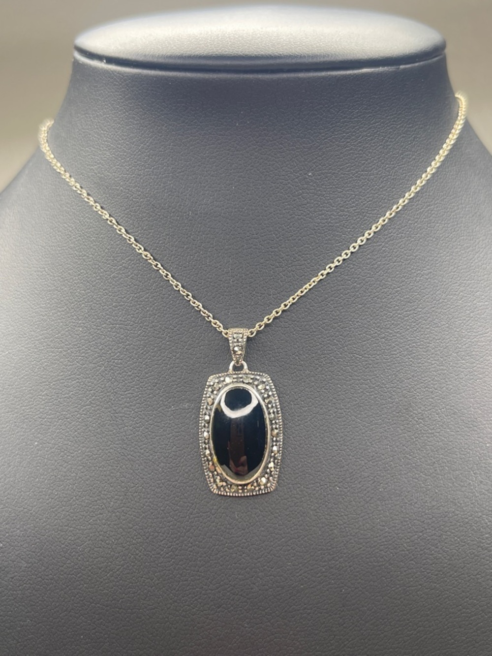 Sterling Silver Marcasite Black Onyx Pendant Necklace